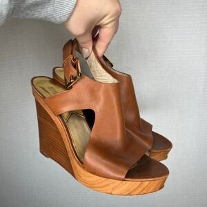 Michael Kors‎ Leather Tan Wood Wedge Platform Slingback Sandals Women's 9.5